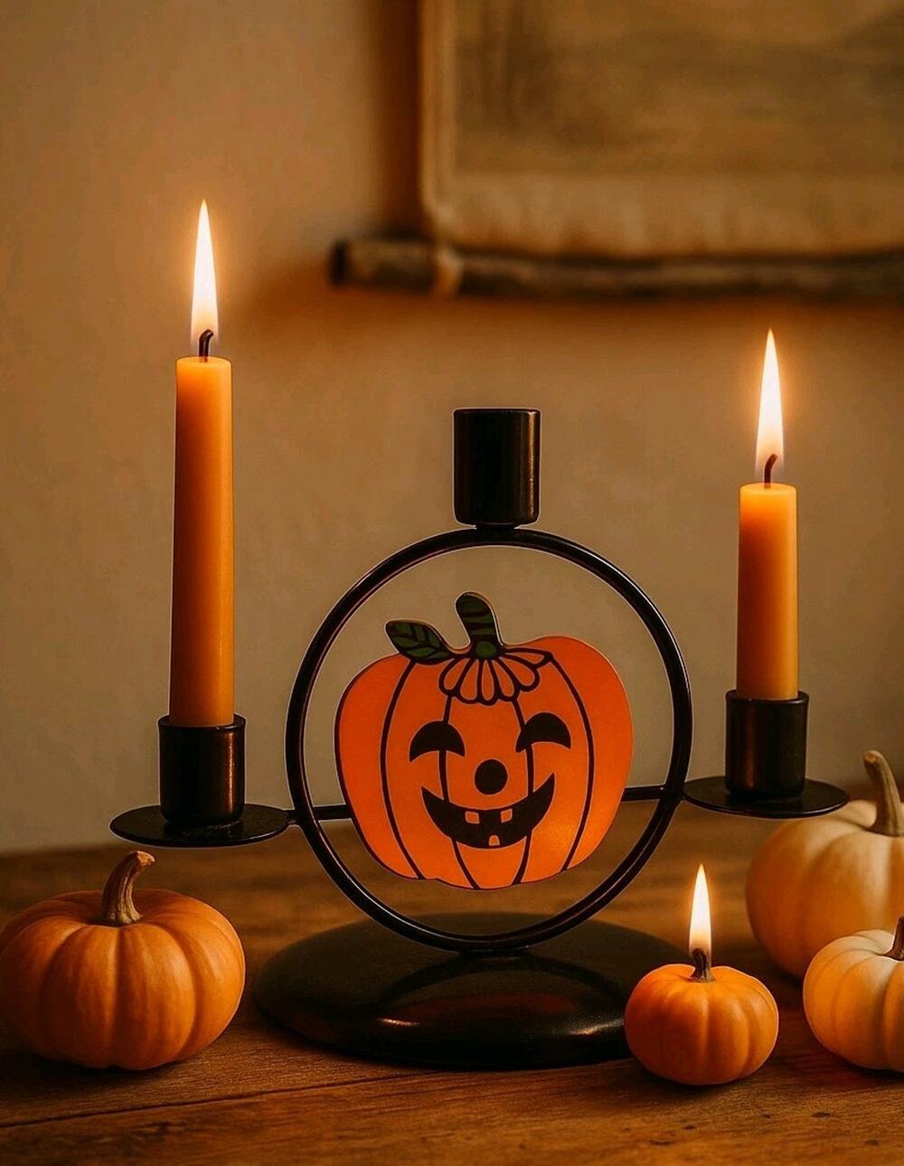 Vtg Halloween metal candle holder jack o lantern pumpkin black orange decor